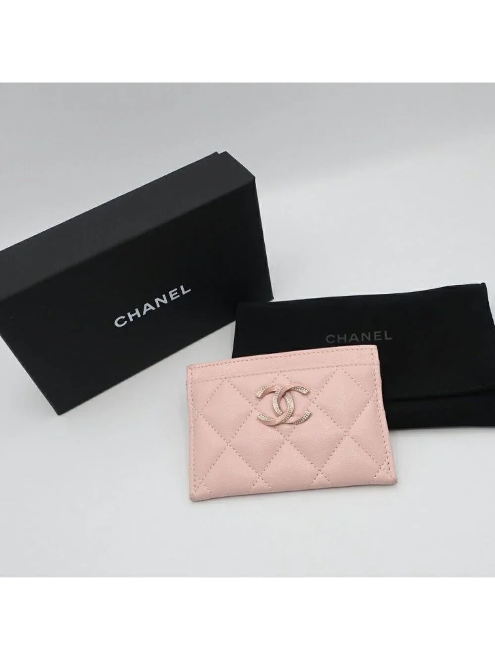 Chanel Ten Pass Case Card Slot Pink Caviar Leather CC Logo Rhinestone